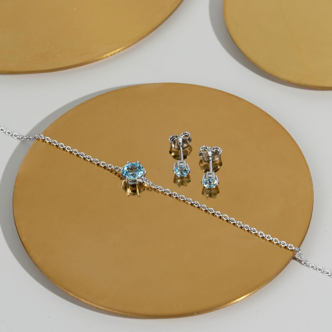 Classic Round Blue Topaz Stud Earrings & Bracelet Set in 925 Sterling Silver