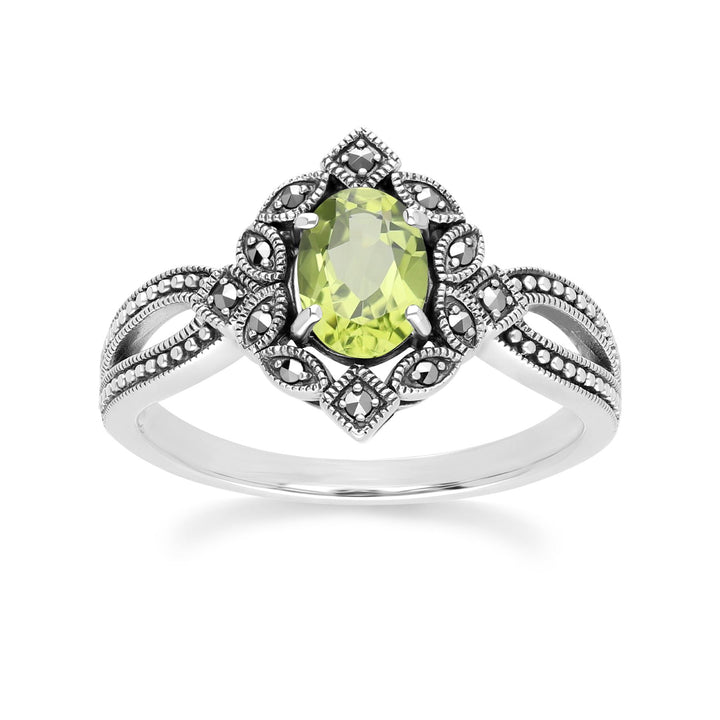 Art Deco Style Oval Peridot & Marcasite Ring in Sterling Silver