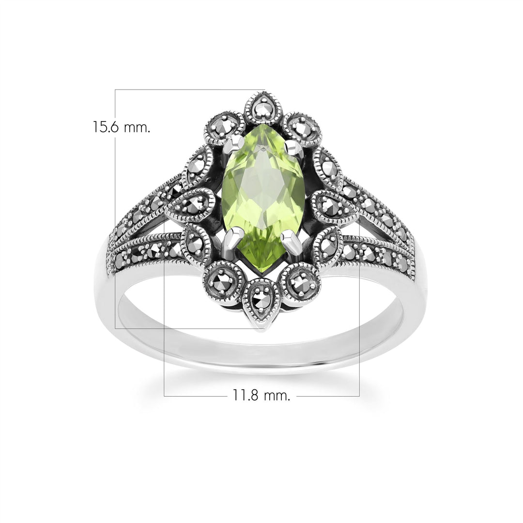 Art Deco Style Marquise Peridot & Marcasite Ring in Sterling Silver