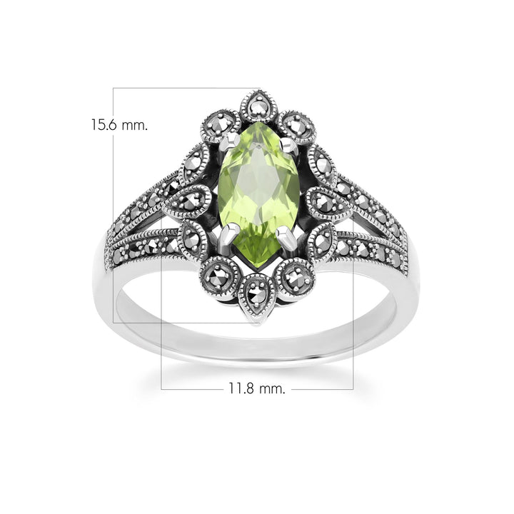 Art Deco Style Marquise Peridot & Marcasite Ring in Sterling Silver