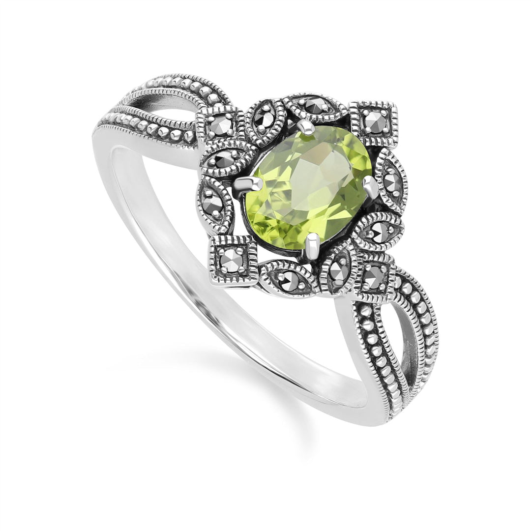 Art Deco Style Oval Peridot & Marcasite Ring in Sterling Silver