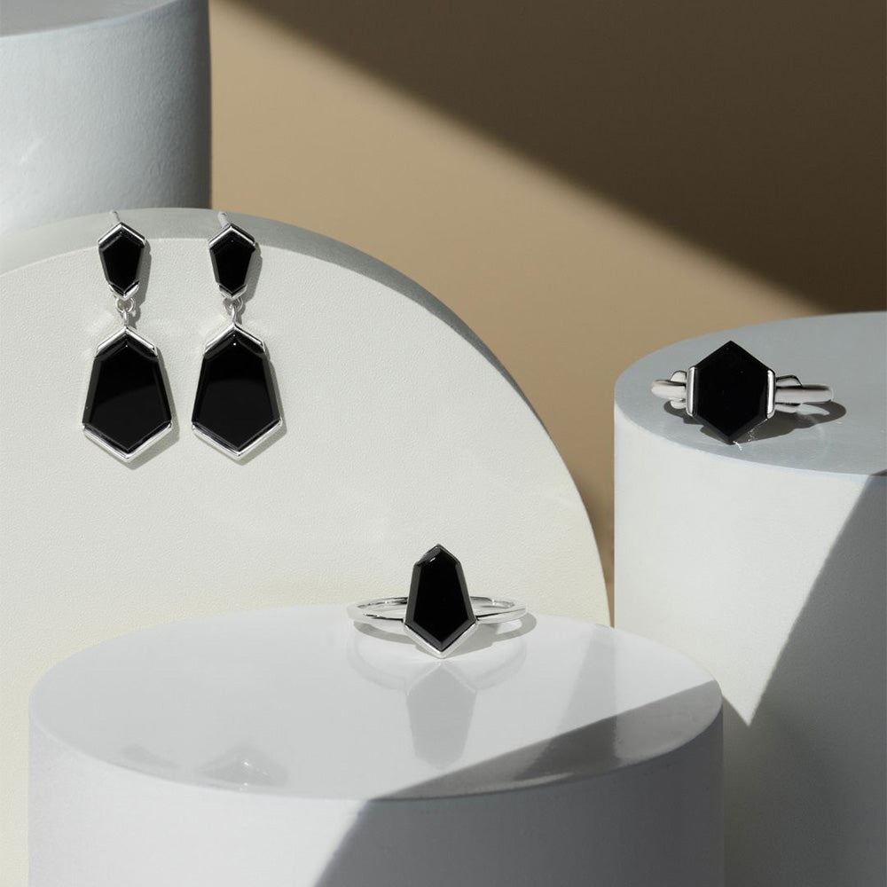 Grand Deco Hexagon Black Onyx Ring in Sterling Silver