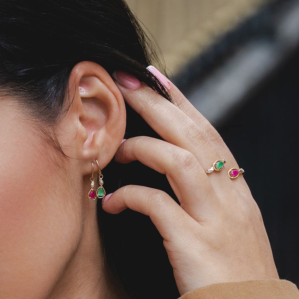 Classic Pear Emerald & Diamond Ring In 9ct Yellow Gold