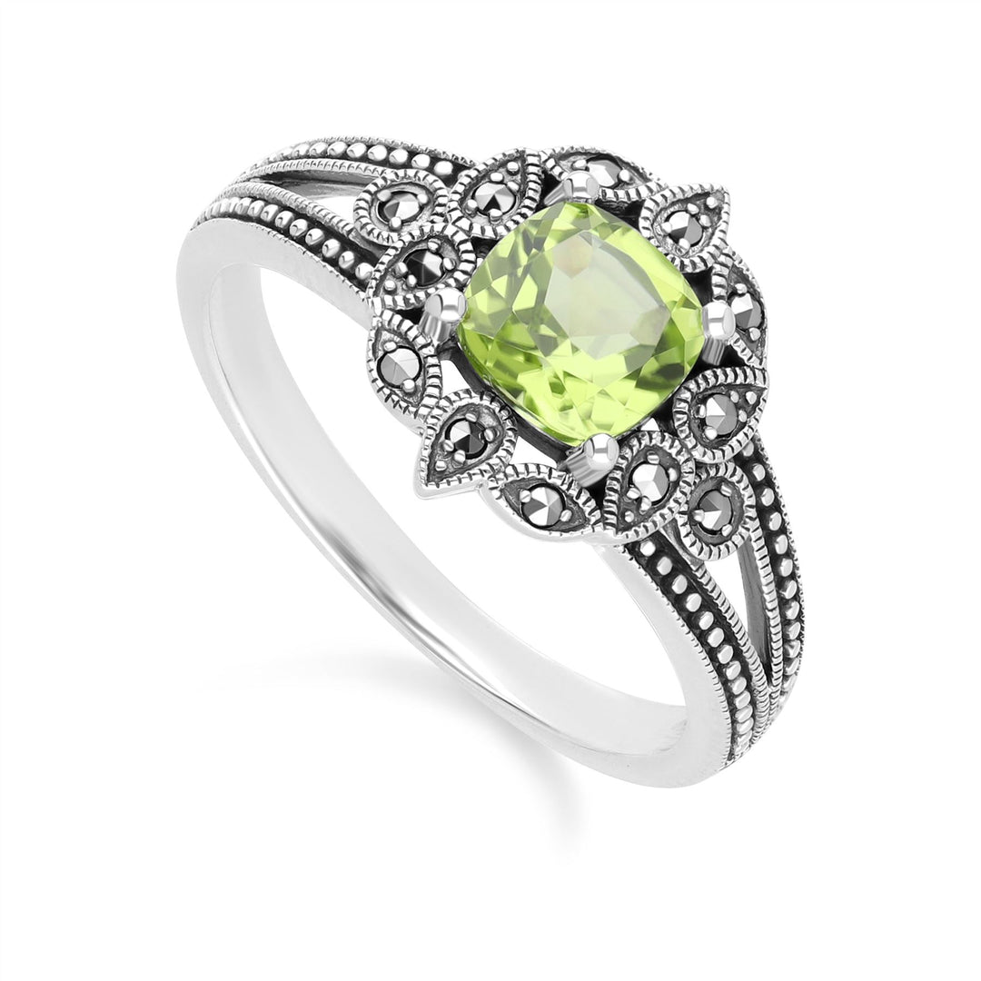 Art Deco Style Cushion Peridot & Marcasite Ring in Sterling Silver