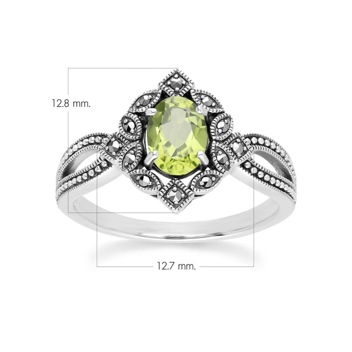 Art Deco Style Oval Peridot & Marcasite Ring in Sterling Silver