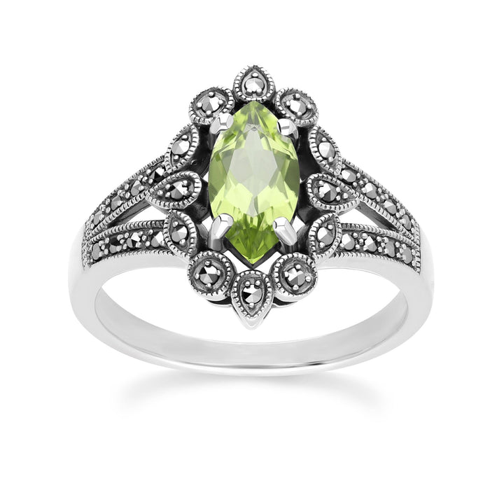 Art Deco Style Marquise Peridot & Marcasite Ring in Sterling Silver