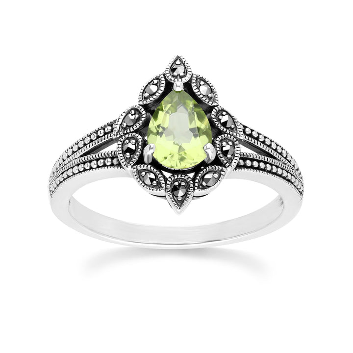 Art Deco Style Pear Peridot & Marcasite Ring in Sterling Silver