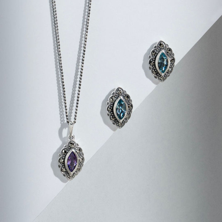 Art Nouveau Marquise Blue Topaz & Marcasite Stud Earrings in 925 Sterling Silver
