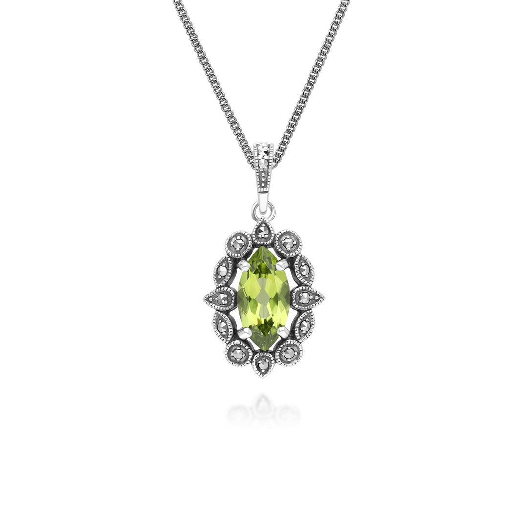 Art Deco Style Marquise Peridot & Marcasite Pendant Necklace in Sterling Silver