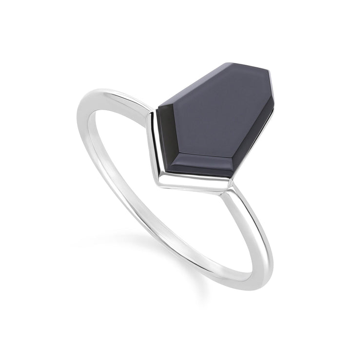Grand Deco Hexagon Necktie Black Onyx Ring in Sterling Silver