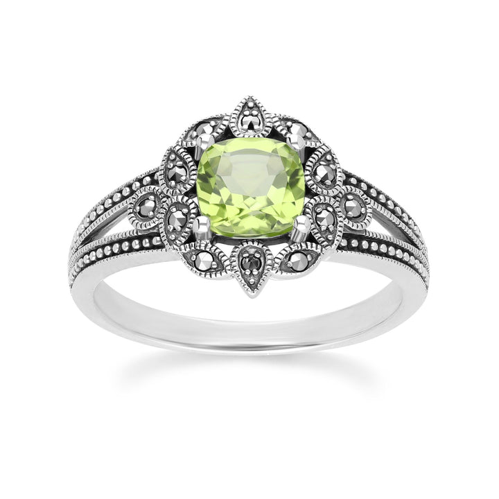 Art Deco Style Cushion Peridot & Marcasite Ring in Sterling Silver