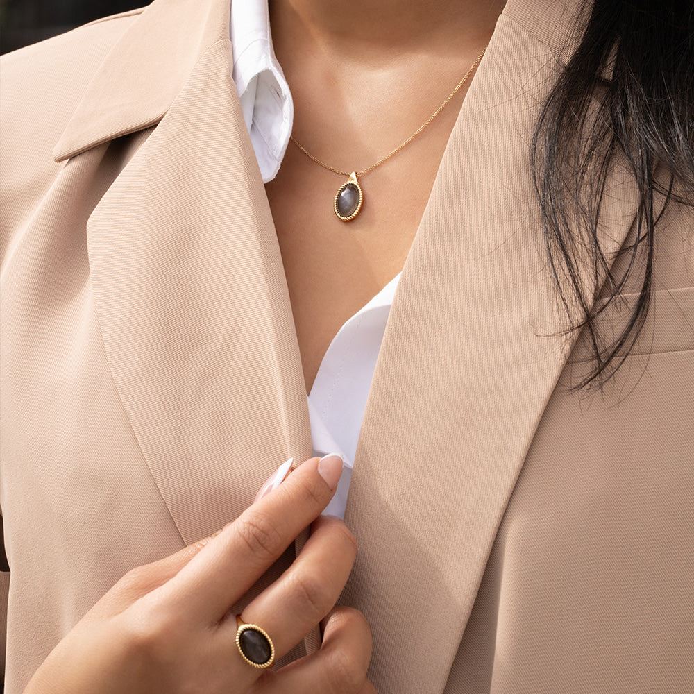 Classic Oval Black Moonstone Ring in 9ct Yellow Gold