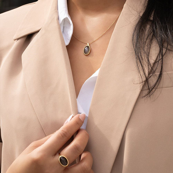 Classic Oval Black Moonstone Ring in 9ct Yellow Gold