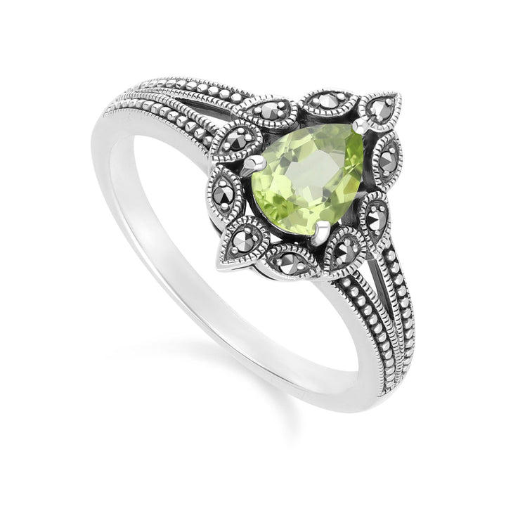 Art Deco Style Pear Peridot & Marcasite Ring in Sterling Silver