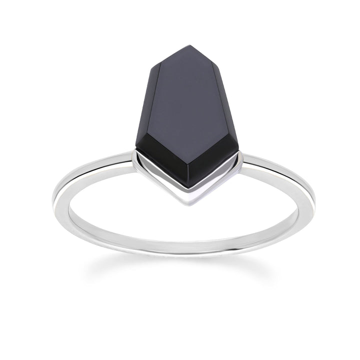 Grand Deco Hexagon Necktie Black Onyx Ring in Sterling Silver