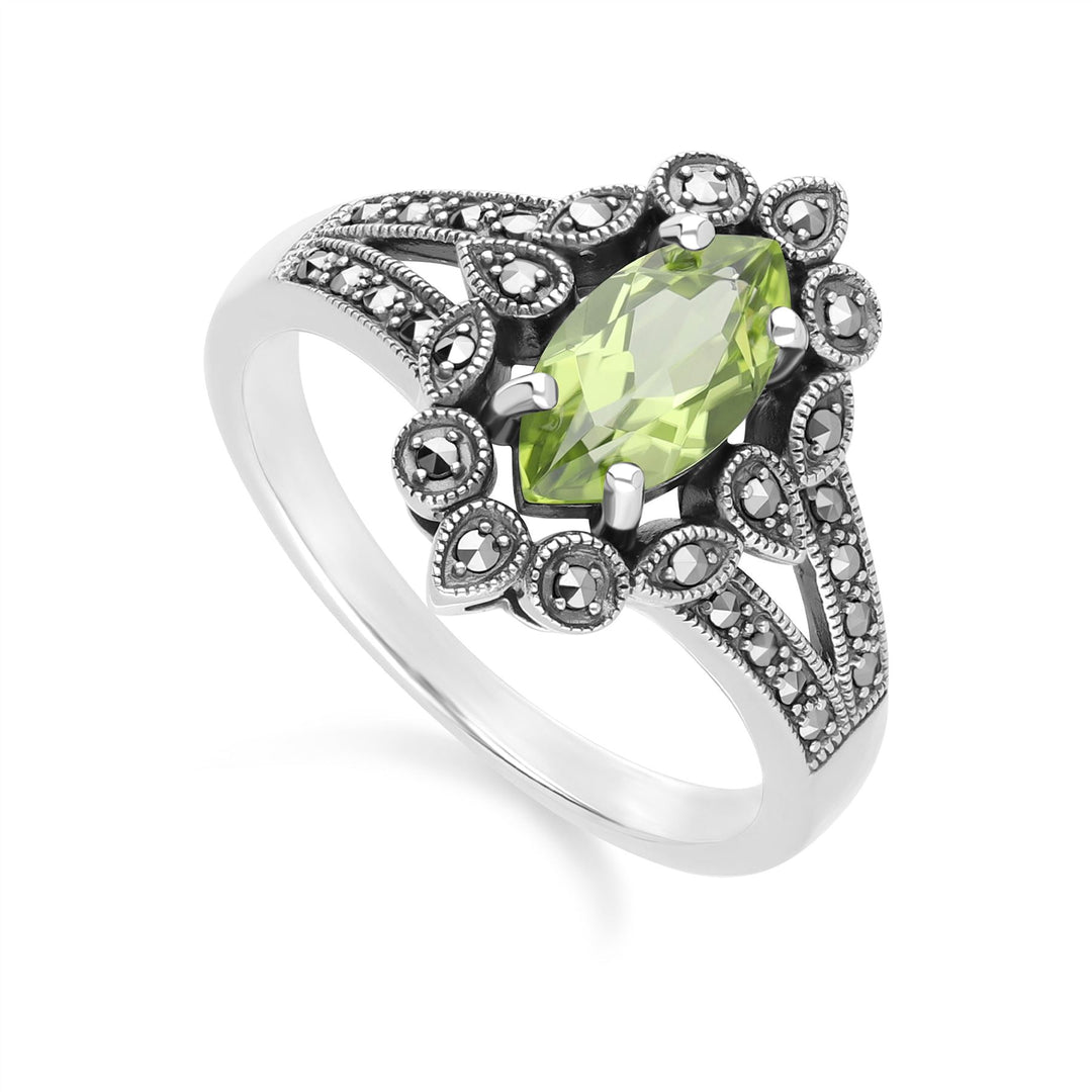 Art Deco Style Marquise Peridot & Marcasite Ring in Sterling Silver