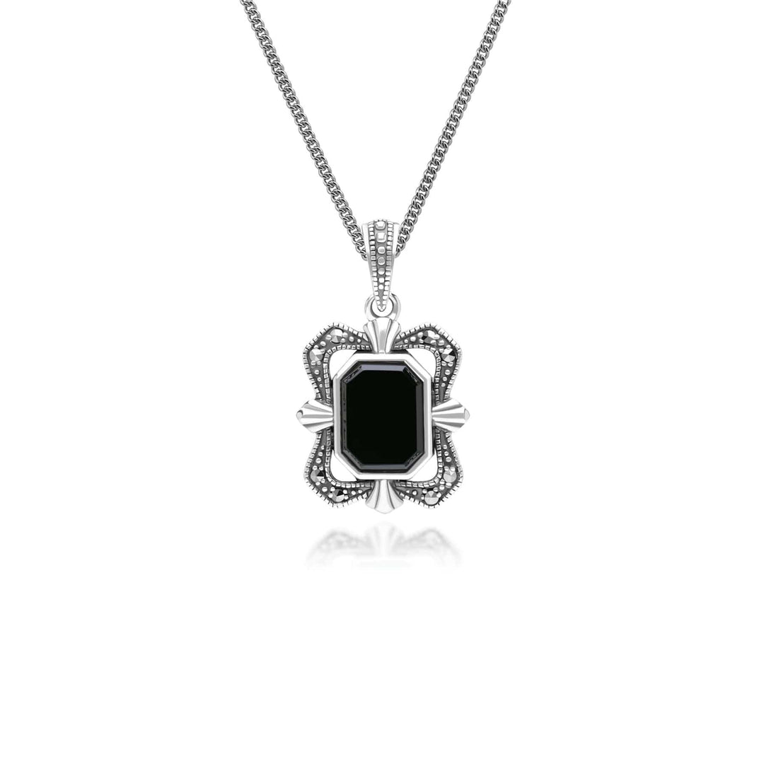 Art Deco Style Baguette Onyx and Marcasite Pendant Necklace in Sterling Silver 214P334502925