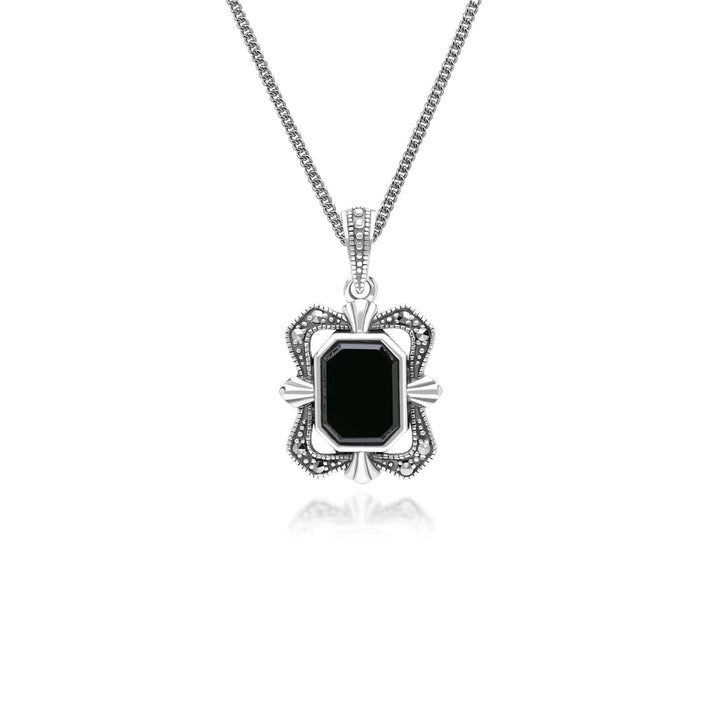 Art Deco Style Baguette Onyx and Marcasite Pendant Necklace in Sterling Silver 214P334502925