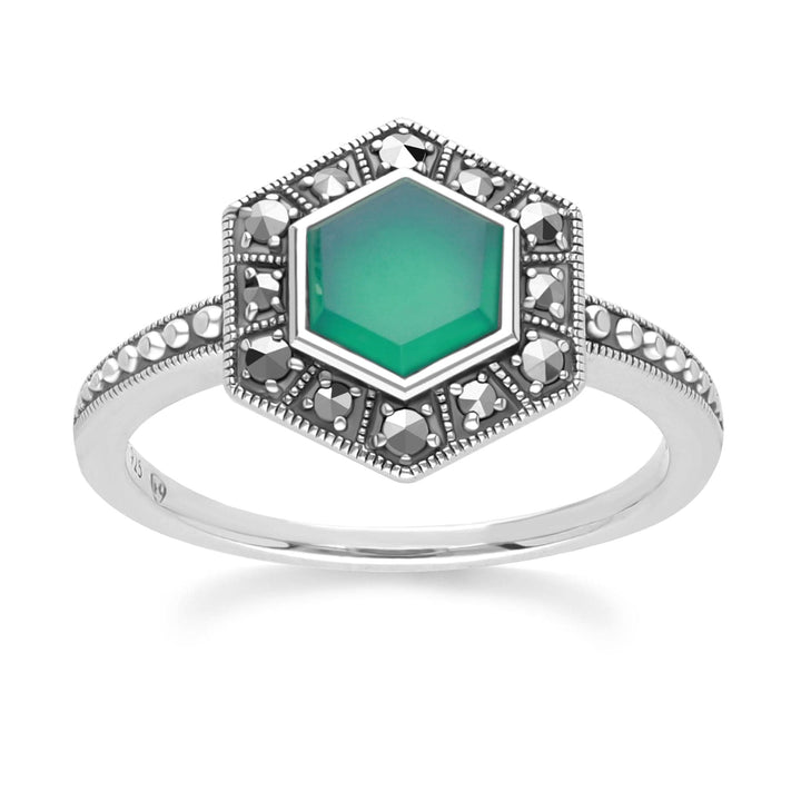 Art Deco Style Hexagon Chalcedony and Marcasite Ring in Sterling Silver 214R641801925