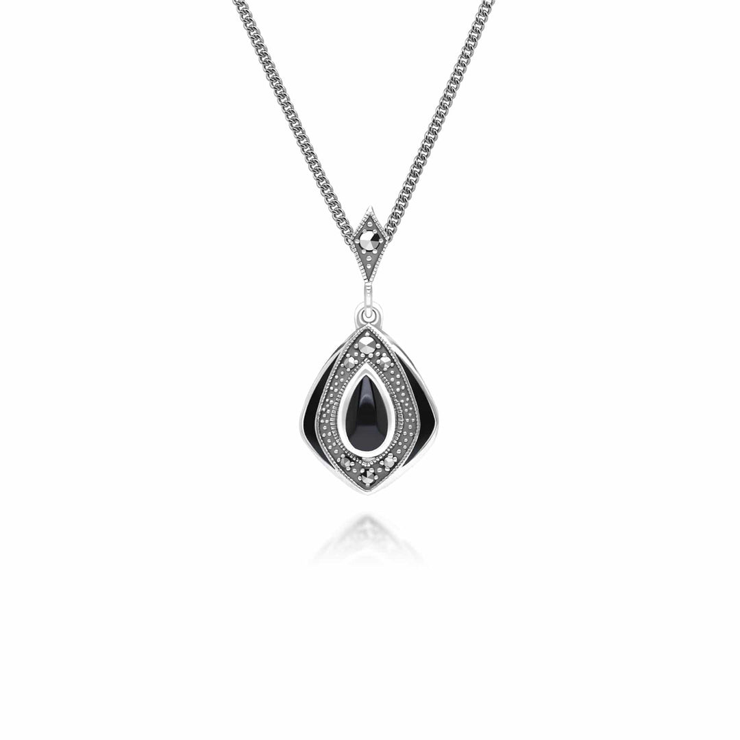 Art Deco Style Kite Onyx and Marcasite Pendant Necklace in Sterling Silver 214P334101_front925