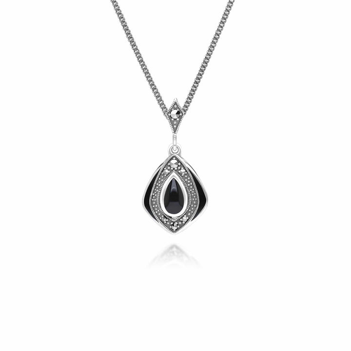 Art Deco Style Kite Onyx and Marcasite Pendant Necklace in Sterling Silver 214P334101_front925