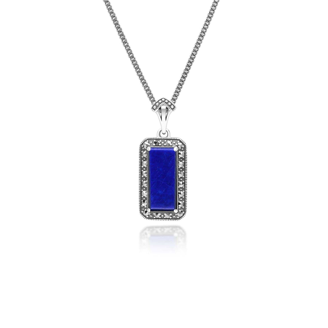Art Deco Style Octagon Lapis Lazuli and Marcasite Pendant Necklace in Sterling Silver 214P334202925