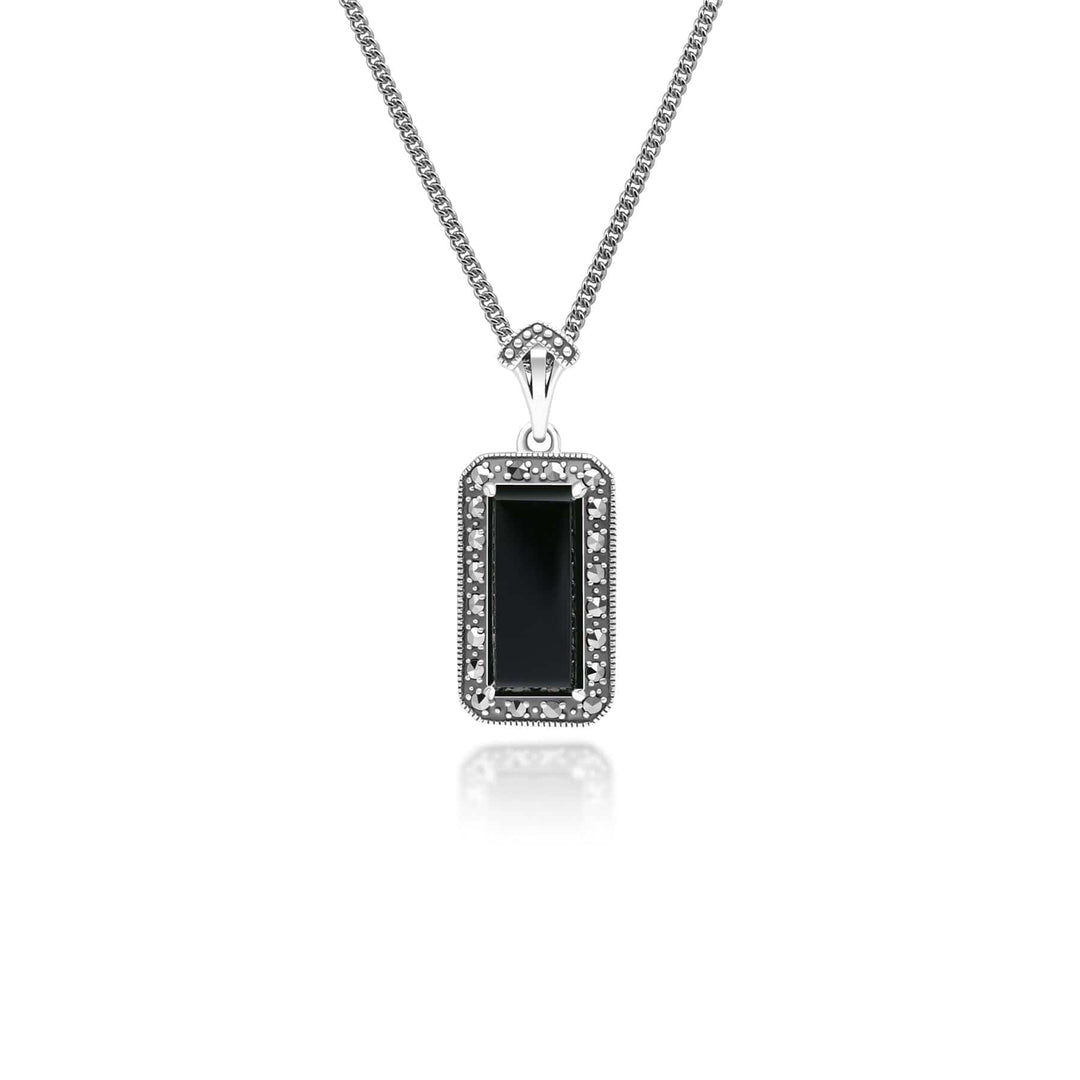 Art Deco Style Octagon Onyx and Marcasite Pendant Necklace in Sterling Silver 214P334201925