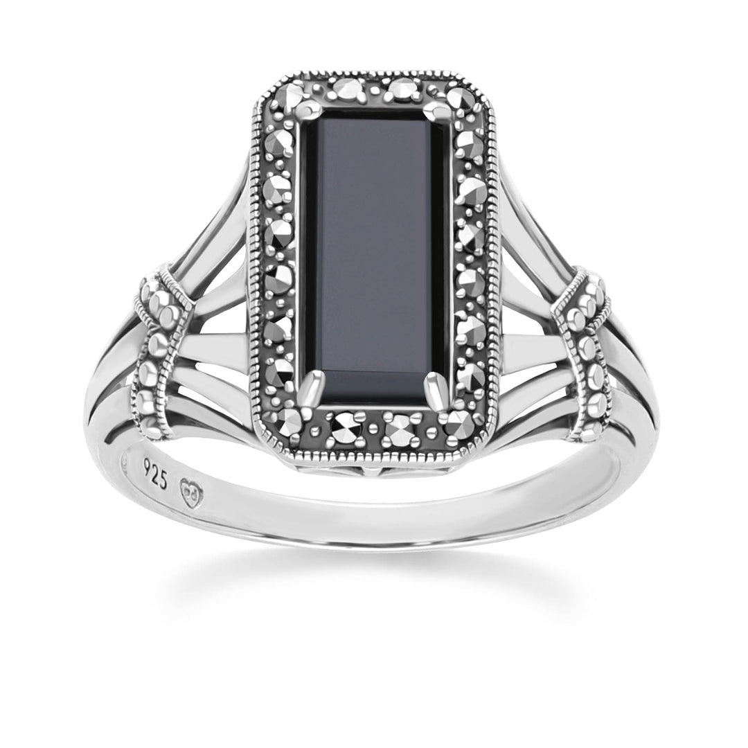 Art Deco Style Octagon Onyx and Marcasite Ring in Sterling Silver 214R642001925