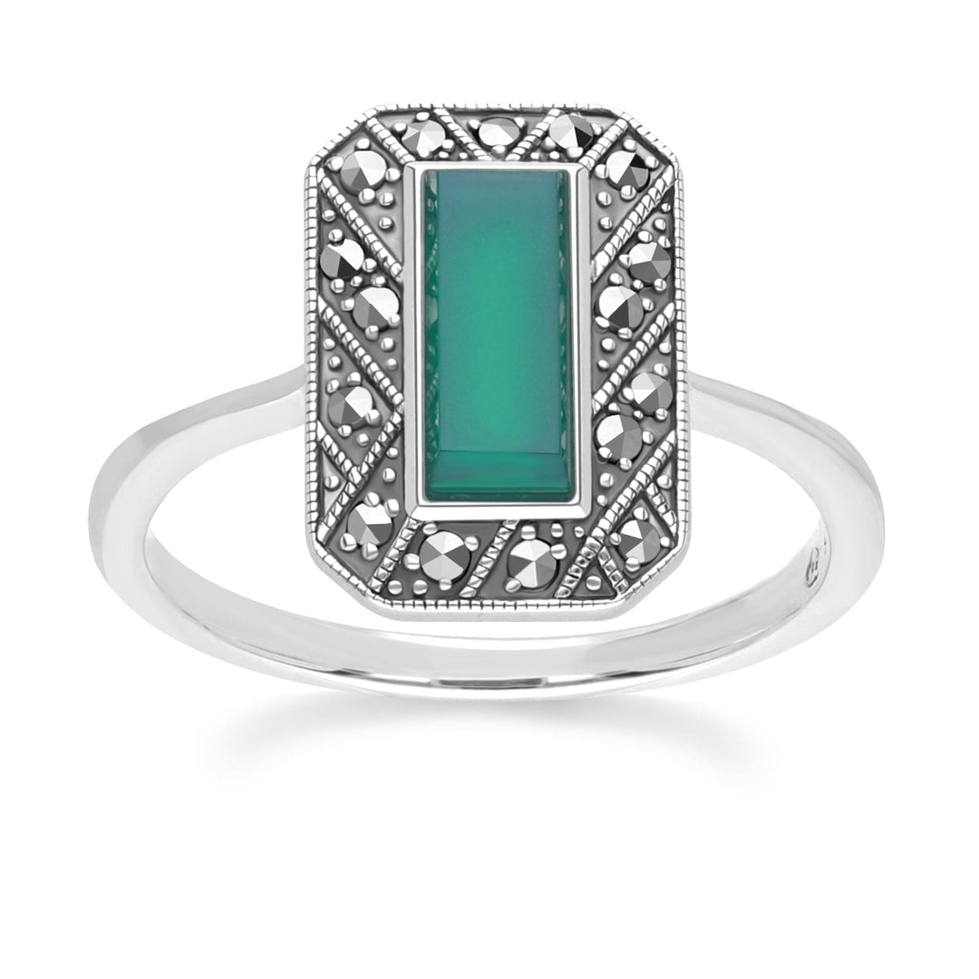 Art Deco Style Rectangle Chalcedony and Marcasite Ring in Sterling Silver 214R641901925
