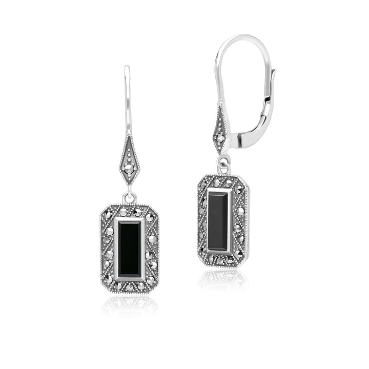 Art Deco Style Rectangle Onyx and Marcasite Drop Earrings in Sterling Silver 214E936102925