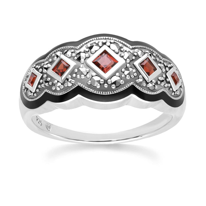 Art Deco Style Square Garnet Five Stone and Marcasite Ring in Sterling Silver 214R642101925