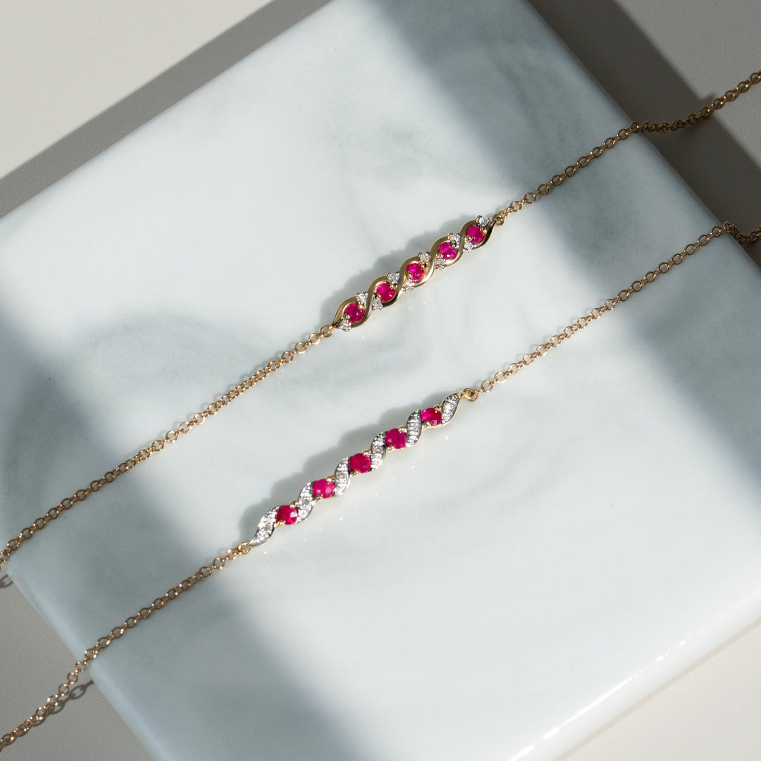 Classic Style Five Ruby & Diamond Twisted Bracelet in 9ct Yellow Gold
