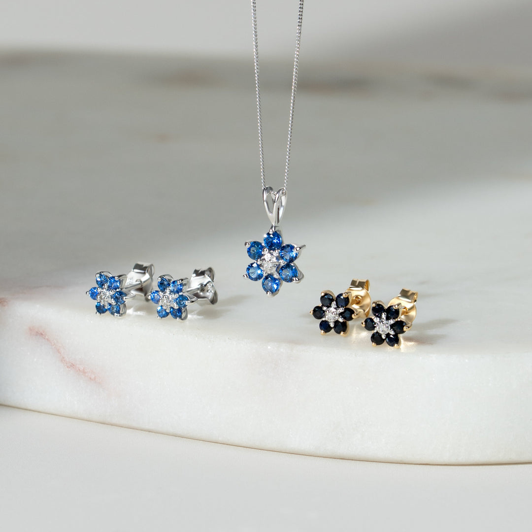 Classic Floral Sapphire & Diamond Cluster Stud Earrings in 9ct White Gold