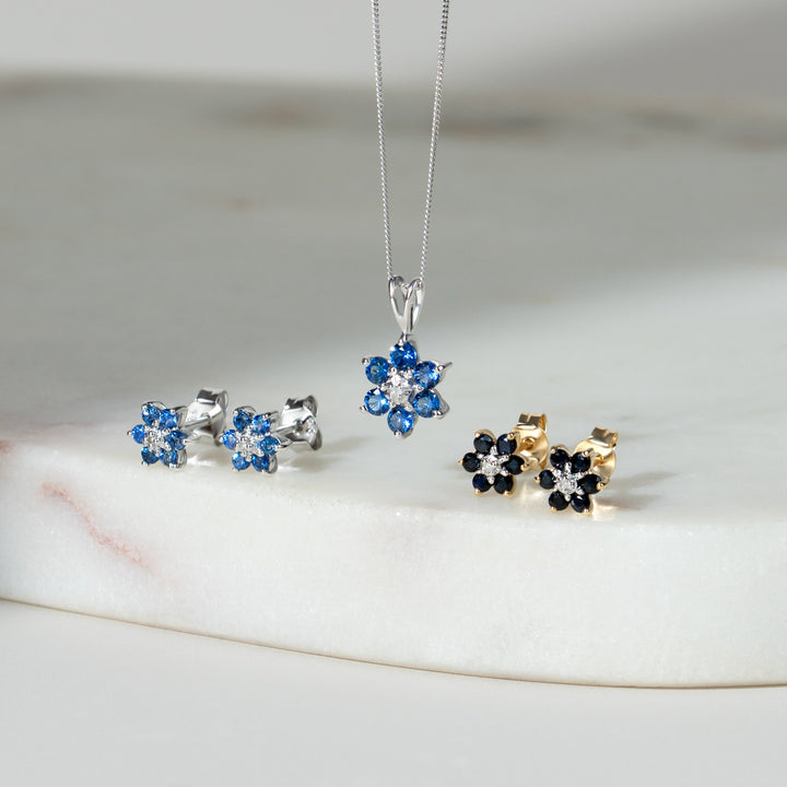 Classic Floral Sapphire & Diamond Cluster Stud Earrings in 9ct White Gold