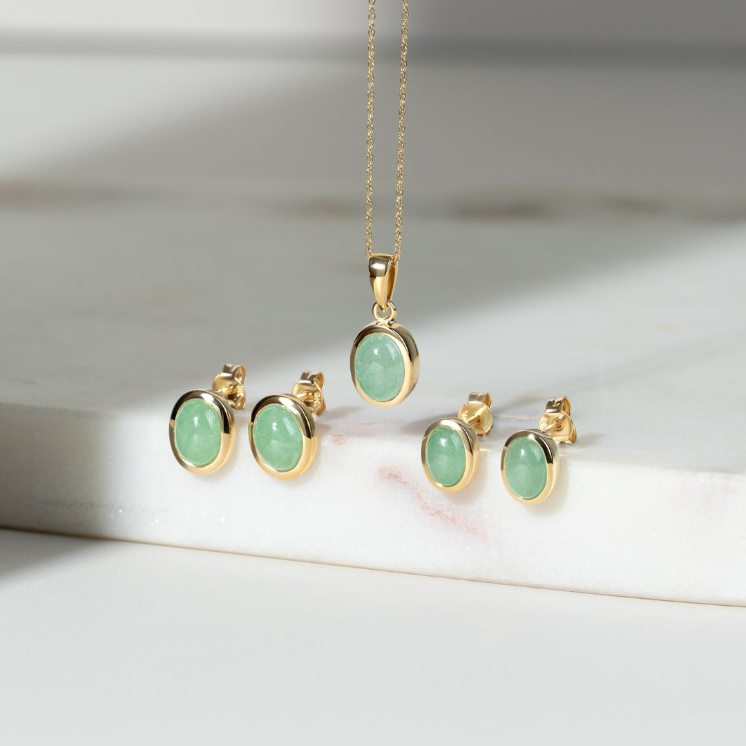 Classic Oval Jade Cabochon Stud Earrings in 9ct Yellow Gold 7x6mm