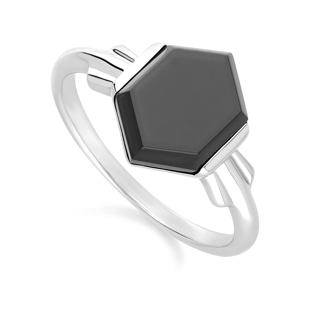 Grand Deco Hexagon Black Onyx Ring in Sterling Silver