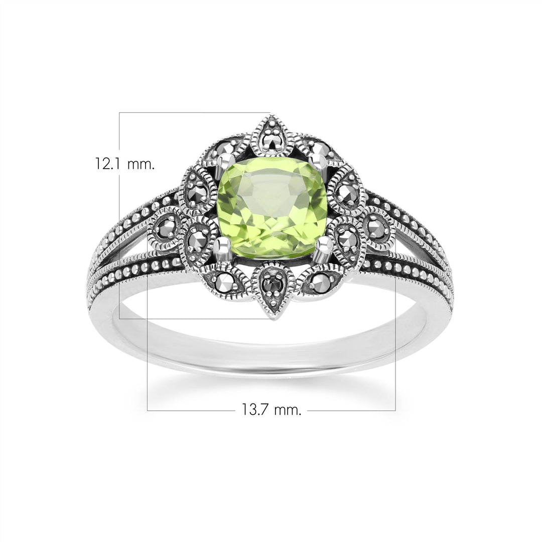 Art Deco Style Cushion Peridot & Marcasite Ring in Sterling Silver