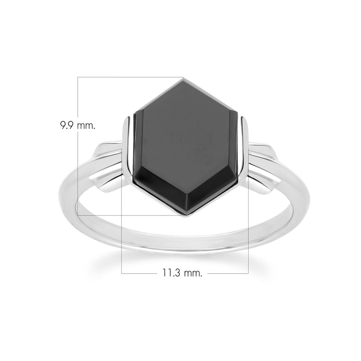 Grand Deco Hexagon Black Onyx Ring in Sterling Silver
