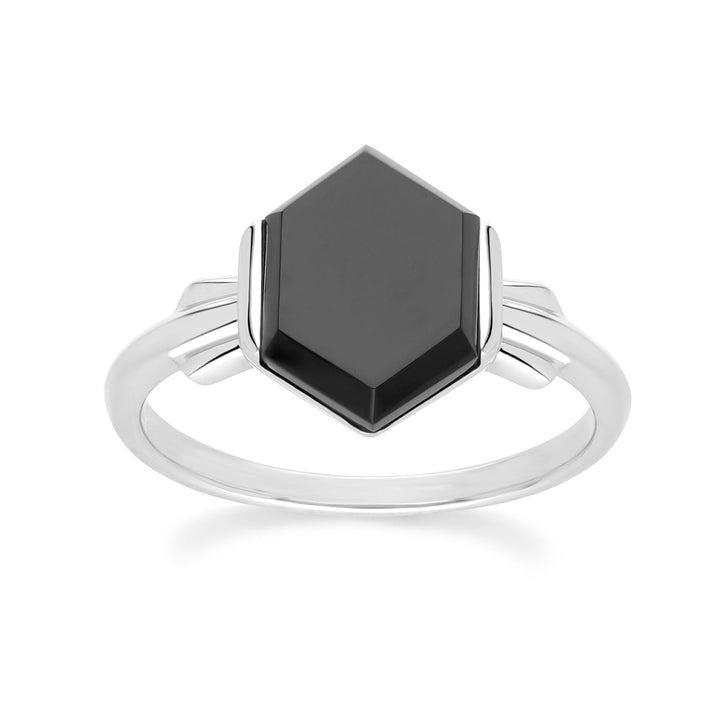 Grand Deco Hexagon Black Onyx Ring in Sterling Silver