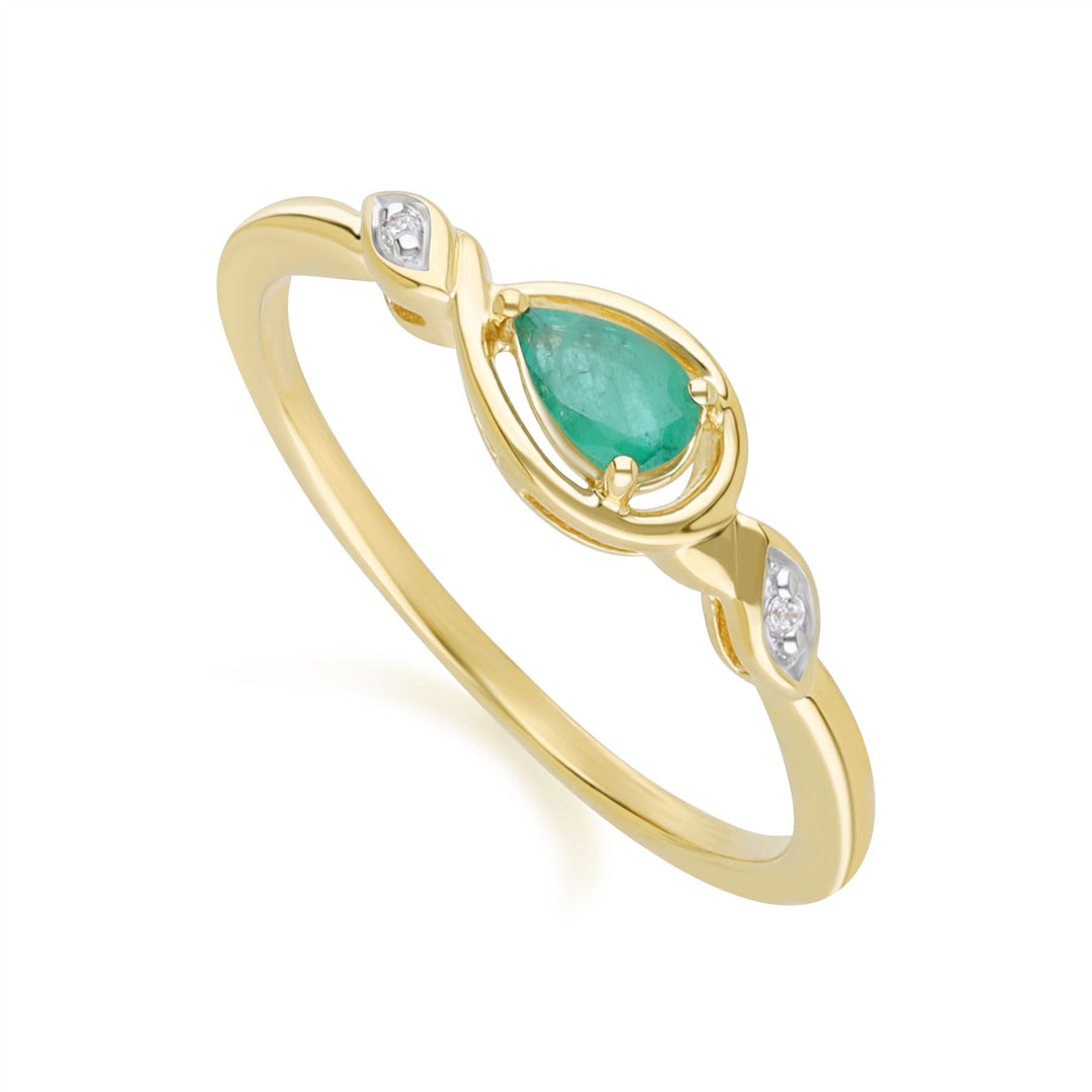 Classic Pear Emerald & Diamond Ring In 9ct Yellow Gold