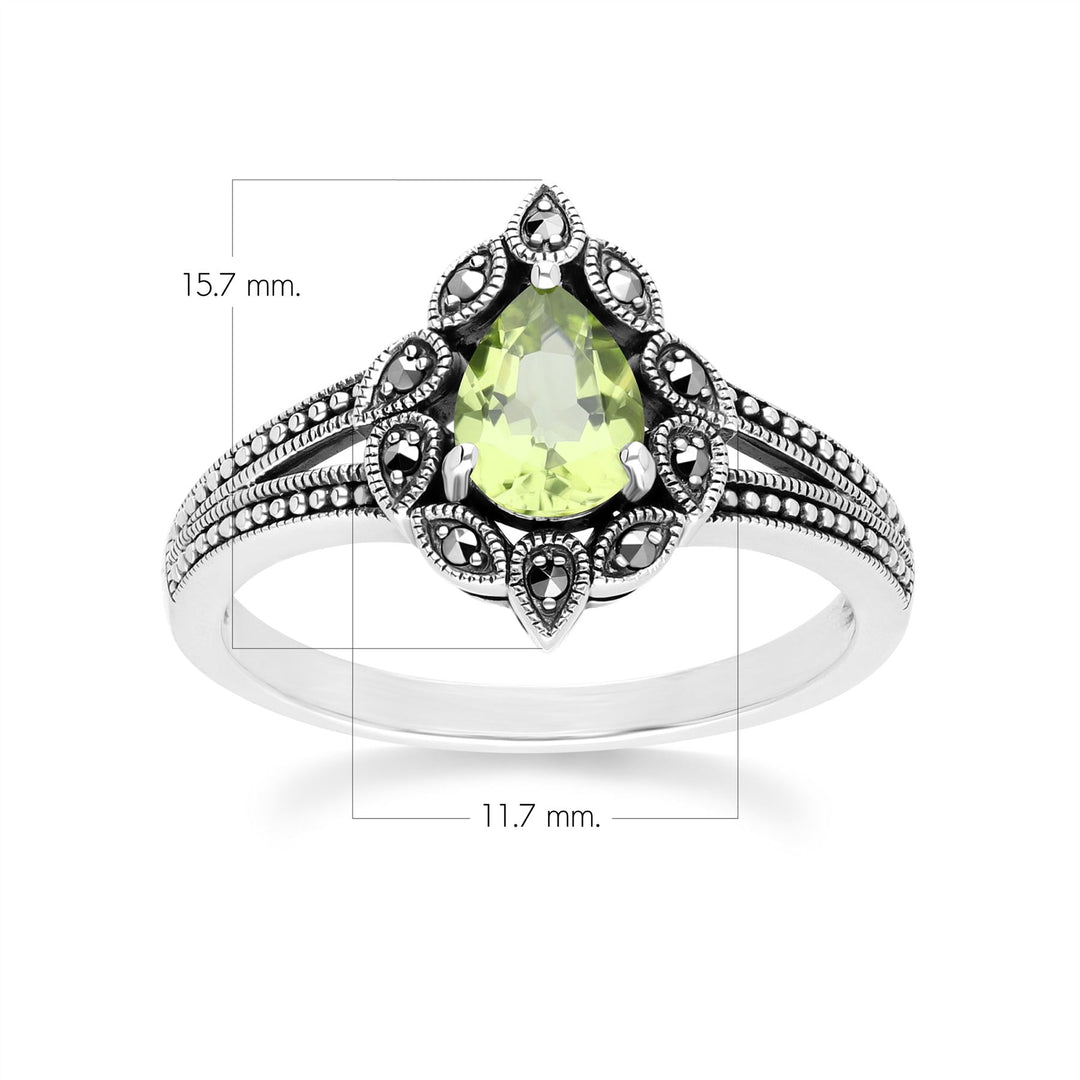 Art Deco Style Pear Peridot & Marcasite Ring in Sterling Silver