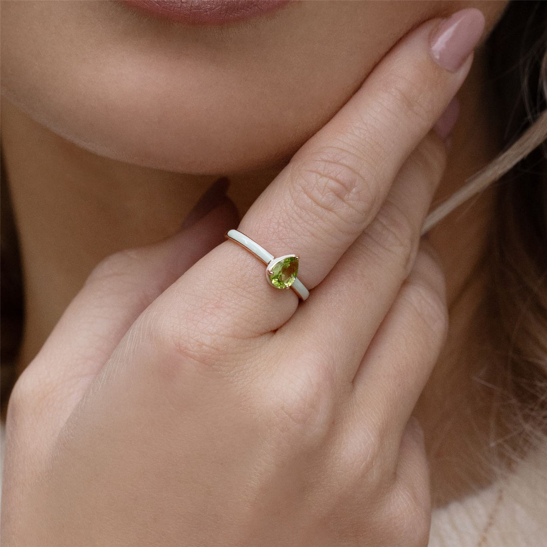 Siberian Waltz Green Enamel & Pear Peridot Ring In Rose Gold Vermeil