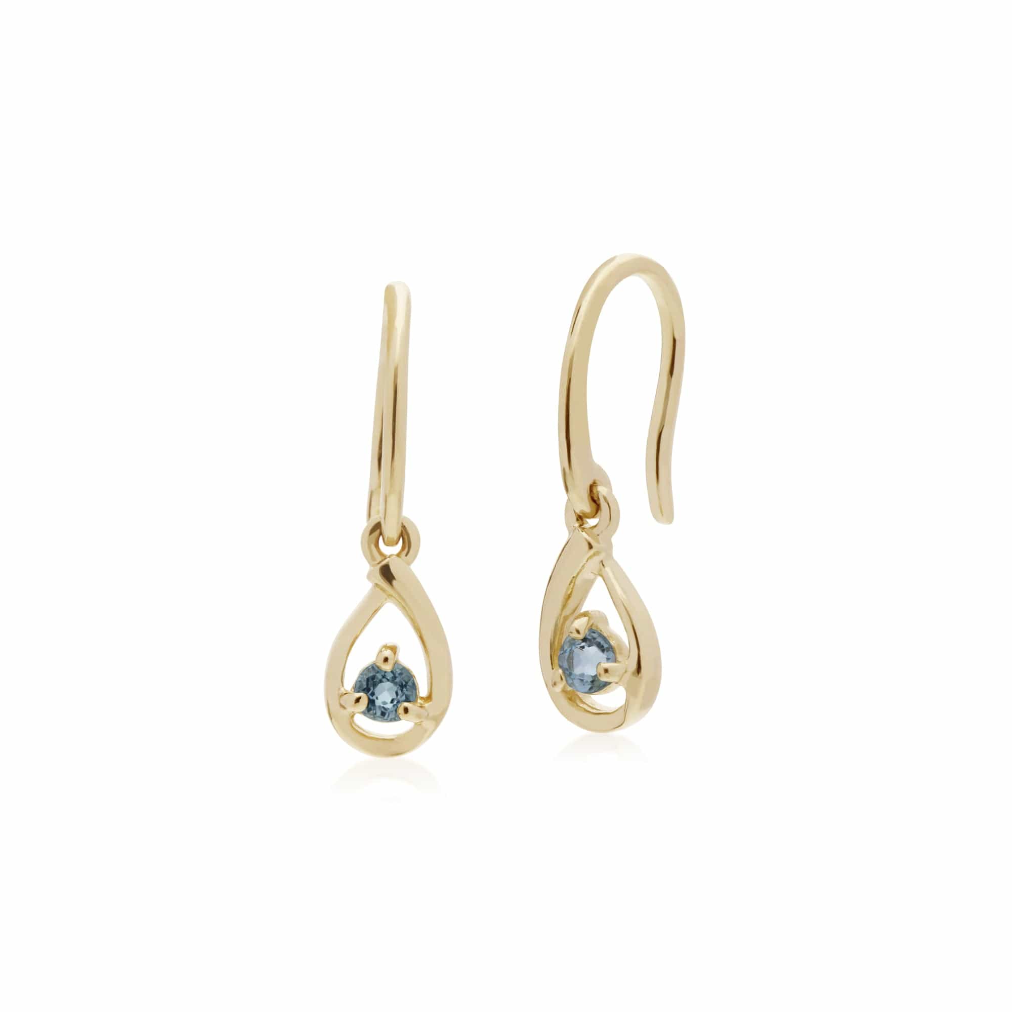 135E1190079 Classic Single Stone Round Aquamarine Tear Drop Earrings in 9ct Yellow Gold 1