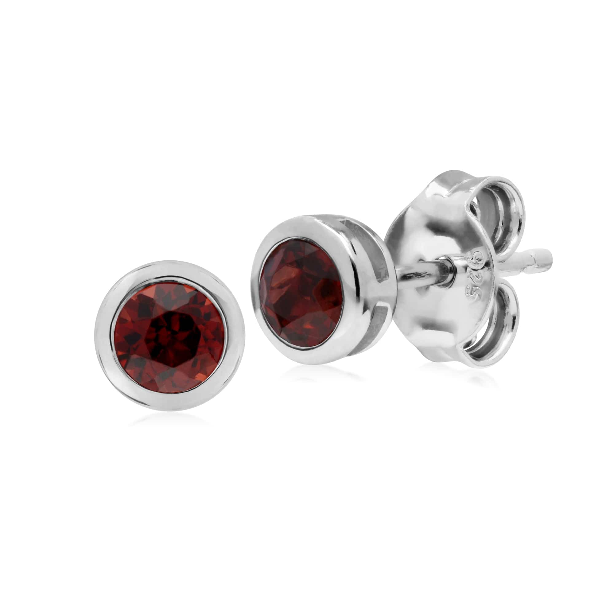 270E025807925 Classic Round Garnet Bezel Stud Earrings in Sterling Silver 1