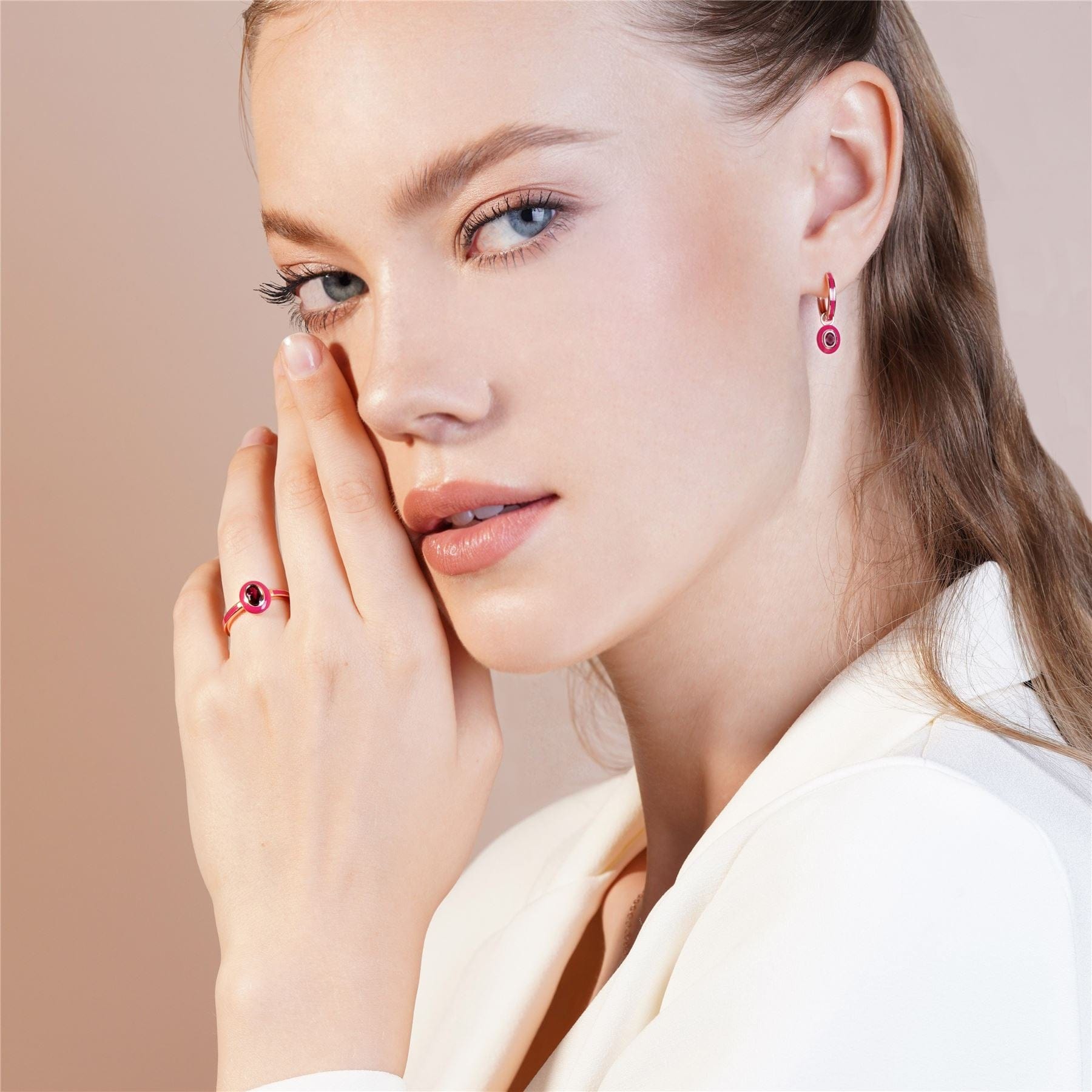 253E419090925 Siberian Waltz Pink Enamel & Oval Rhodolite Hoop Earrings in Rose Gold Plated Sterling Silver On Model