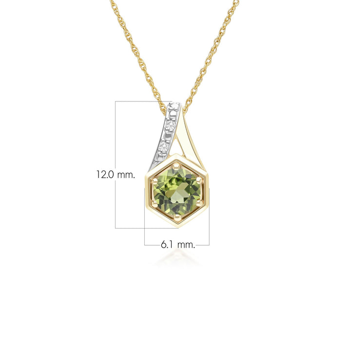 Geometric Hexagon with Prong set Round Peridot and Diamond Pendant Necklace in 9ct Yellow Gold