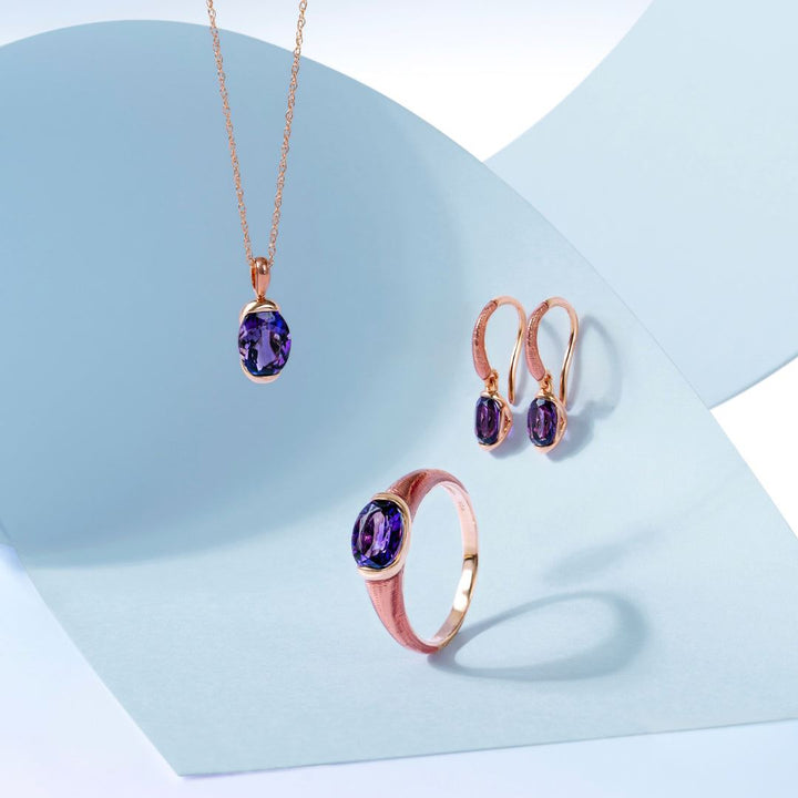 Siberian waltz Oval amethyst with violet enamelled half-bezel pendant necklace in rose gold vermeil sterling silver