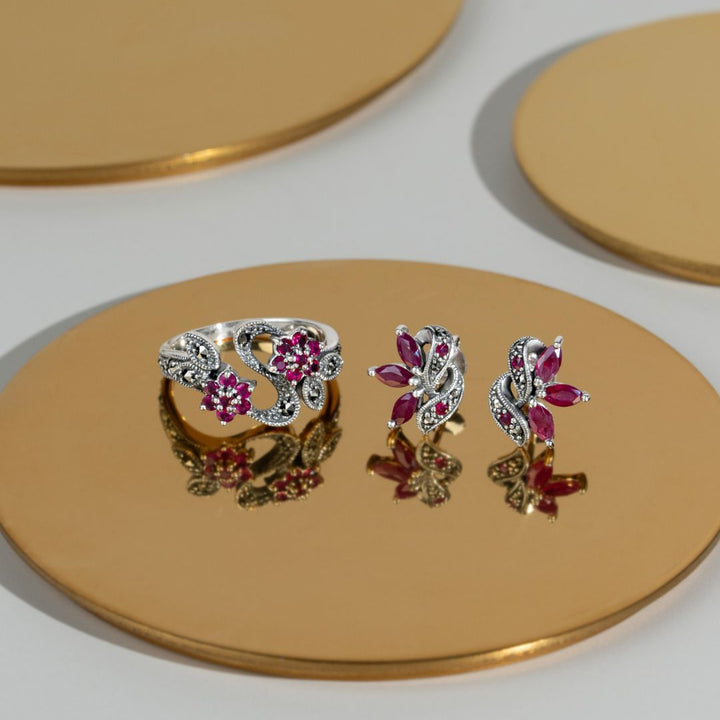 Art Nouveau  Marquise Ruby & Marcasite Leaf Stud Earrings in 925 Sterling Silver