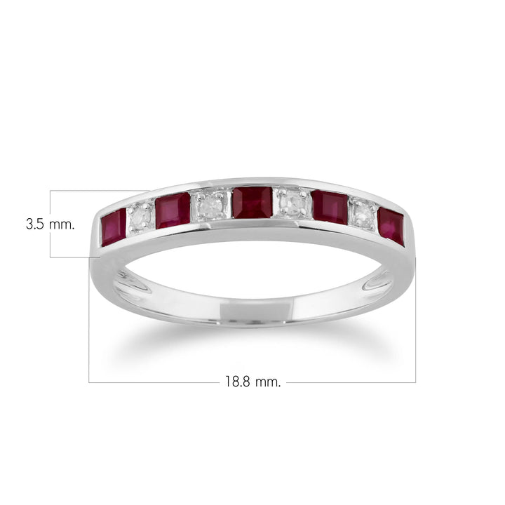 Classic Square Ruby & Diamond Half Eternity Ring 9ct White Gold