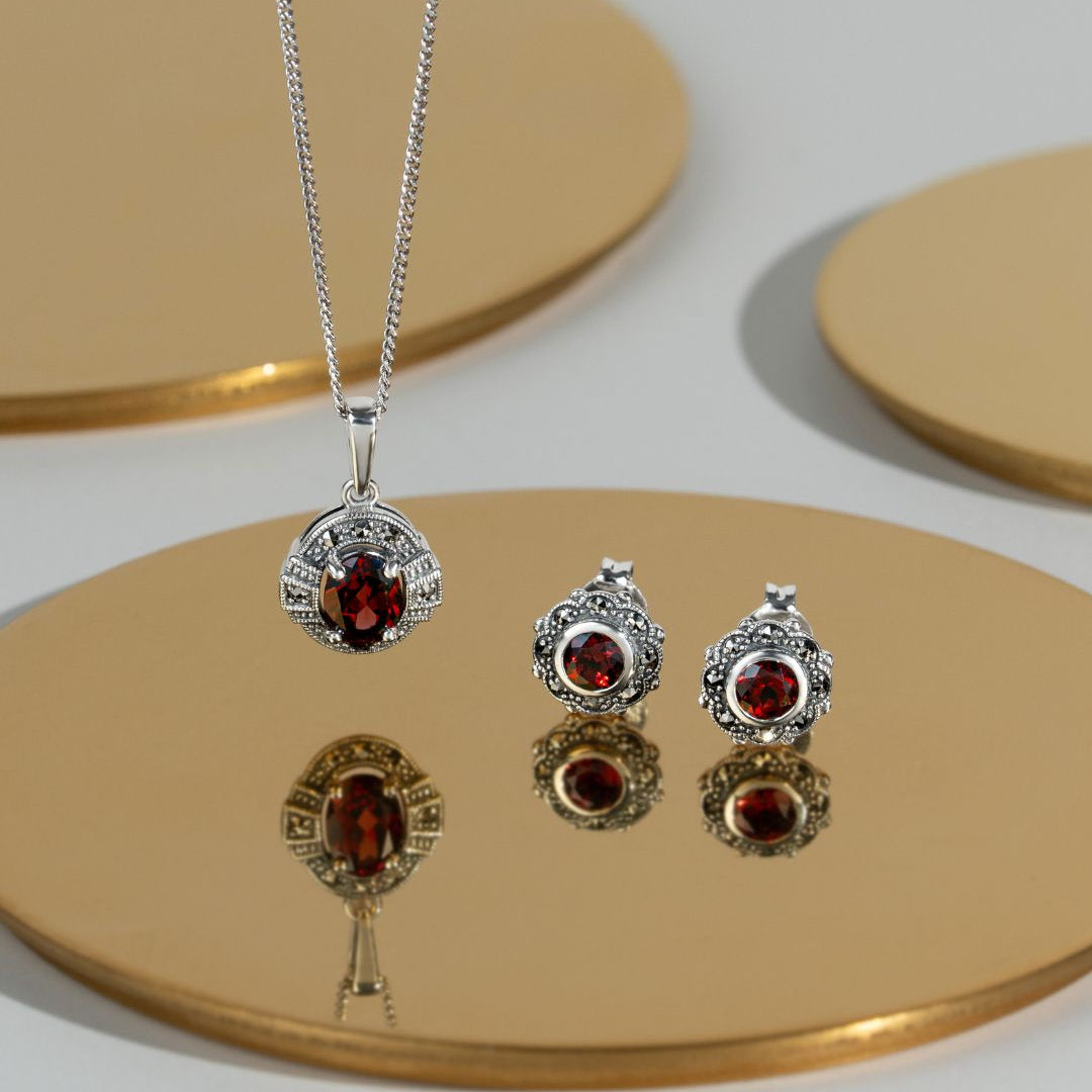 Art Deco Style Oval Garnet & Marcasite Halo Pendant in 925 Sterling Silver
